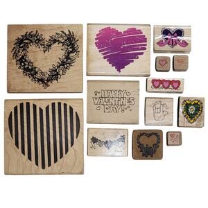 VTG 90s Valentines Day Rubber Stamps Lot‎ of 13 Hearts Wooden Card Making Crafts